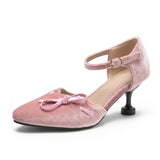 Purpdrank  Big Size 46 Women Pink Velvet Mary Jane Pumps Bow Knot Ankle Strap Kitten Heel Shoes Elegant Pointed Toe Office Dress Shoes