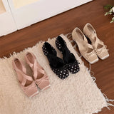Purpdrank  Women's Elegant Pink Satin Ballet Shoes Square Toe Cross Strap Polka Dot Bow Mary Jane Shoes Inside Mid Heel Casual Pumps