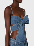 Purpdrank  Sexy Bowknot Vintage Denim Two Piece Women Pants Outfit 2025 Fashion Strapless Cropped Top and Wige Leg Straight Jeans Pant Sets