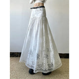 Purpdrank  Y2K White Midi Skirt Women Streetwear Lace Patchwork Skirts Summer Gyaru Korean Fashion High Waist Design A Line Faldas