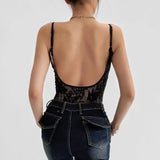 Purpdrank  Sexy See Through Lace With Lining Backless Spaghetti Strap Bodysuit Woman Sling Tight Short Jumpsuit Slim fit Rompers Playsuits