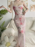 Purpdrank  Summer Women Sexy Slim Wrapped Hip Midi Dress Sweet Fragmented Flower Sheath Strap Dresses Spicy Girl Retro Split Sundress