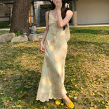 Purpdrank  French Style Summer Long V-Neck Floral Print Dress Women's Empire Waist Slim Fit Chiffon Dress Ankle Length Sleeveless