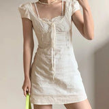 Purpdrank  Retro Beige Hollow Out Embroidery Mini Dress Sweet Girl Short Sleeve A-line Slim Summer Dresses Holiday Robe