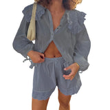 Purpdrank  Women Ruffles Set Long Puff Sleeve Babydoll Blouse Shirt Coquette Eyelet Shorts Set 2 Piece Outfit 90s Vintage Y2k Streetwear