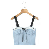 Purpdrank  Women Ribbon Bow Ruched Bra Sexy Corset Summer Contrast Color Lace Strap Camis Slim Fit Tank Top Rope Crop Top