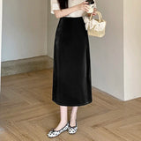 Purpdrank  Elegant Silk Satin Skirts Women High Waist H-line Midi Skirt Lady Fashion Solid Color Black Long Skirts for Women 2025 New