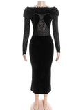 Purpdrank  Sexy Black Velvet Off-Shoulder Leopard Mesh Fur Trim Maxi Dress Women's Long Sleeve Patchwork Bodycon Evening Party Dress