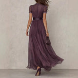 Purpdrank  Elegant Lace Party Long Dresses For Women Summer Fashion Solid Color Short Sleeve O-neck Slim Maxi Dress Casual