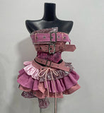 Purpdrank  Summer Spicy Girl Vintage 2 Piece Sets Y2k Lace Splice Sleeveless Tops + Irregular Mini Skirt Female Punk Style Design Outfits