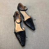 Purpdrank  Purple Retro Leather Pu Women Pumps Fashion Lace Design Bow Low Heel Sandals Elegant Pointed Toe Ankle Belt Buckle High Heels