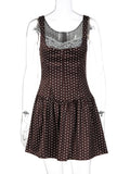 Purpdrank  New Brown Polka Dot Print Lace Spliced Cami Dress Women Summer Sexy Sleeveless Slim High Waist Mini Beach Party Dress
