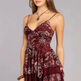 Purpdrank   Summer Women Paisley Print Spaghetti Strap Backless Mini Dress V Neck Layered Ruffle Hem Casual Dress Boho Vacation Romper Dress