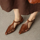 Purpdrank   Summer Women Sandals Genuine Leather Shoes for Women Pointed Toe Chunky Heel Shoes Elegant Cover Toe Slingback Hollow Sandals