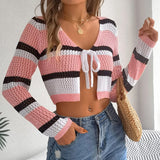 Purpdrank  Women Striped Crochet Knit Crop Top Color Block Stripe V Neck Tie Front Long Sleeve Hollow Out Cardigan Y2k Harajuku Streetwear