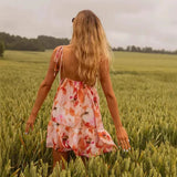 Purpdrank  Casual Loose Beach Vacation Dress Summer Sexy V-neck Floral Printed Halter Dress Elegant Backless Pleated Sleeveless Mini Dress