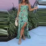 Purpdrank  Ruffle Edge Design High Waisted Women's Summer Dress Strapless Hollowed Out Beach Party Dress Green Floral Print Irregular Dress