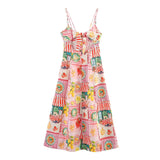 Purpdrank  Cross-Border Style Women's Midi Dress Mixed Linen Print Patchwork V-Neck Sleeveless Regular Waistline Knee-Length Gown