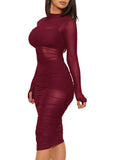 Purpdrank  Autumn Dresses Women's Fashion Solid Color Long Sleeve Crew Neck Below Knee Bodycon Casual Dresses