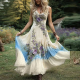 Purpdrank  Sexy Hollow Deep V Neck Bohemian Vacation Dress Spring Retro Flower Print Swing Woman Dresses Summer Sleeveless Strap Maxi Dress