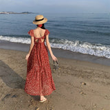 Purpdrank  Tea Break French Hepburn Gentle Youthful Red Floral Dress VintagevintageFairy Dress with a Sense of Sophistication for Women