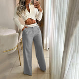 Purpdrank - Women Two Piece Set Fashion Solid Long Sleeve Lapel V Neck High Single Button Short Top Loose With Pockets Pants Sets