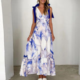 Purpdrank  Bow Tie Up High Waist Holiday Long Dress Sexy Sleeveless Pleated Suspender Dresses Women's V Neck Print Bohemian Dress Vestidos