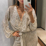 Purpdrank  Jumpsuit Women Sexy V Neck Sequins Long Sleeve Casual Belt Overalls Female High Waist Playsuit Elegant Ladies Party Club Romper