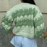 Purpdrank  Stripe Pattern Cropped Cardigans Vintage Lantern Sleeves Knitted Sweater Aesthetic Y2k Knitwear Coat Women Autumn Outwear Street