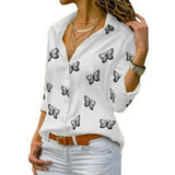 Purpdrank Women Long Sleeve Blouse Oversized Spring Autumn Turn Down Collar Loose Office Lady Casual Butterfly Printing Basic