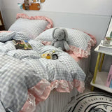 Purpdrank  Ins Princess Bedding Set Latticed Simple Elegant Skirt Bed Sheet Set With 2 Pillowcases Queen Size For Women Teens Bedcloths