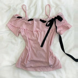 Purpdrank  Harajuku Slash Neck Pink Casual Tshirt Bow Lace Up Off Shoulder Slim Fit Summer Top American Vintage All-match Y2k Aesthetic Tee
