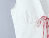 Purpdrank  Sexy White Embroidery Hole Lace Spliced Red Bow V neck Short Puff Sleeve Shirt Women Lacing Up Sashes Back side Zipper Crop Tops