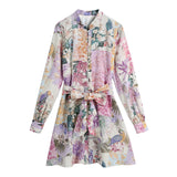 Purpdrank  Beach Wear High Waist Loose Vestidos Boho Floral Print Summer Dress for Women Vintage O-neck Long Sleeve Dresses