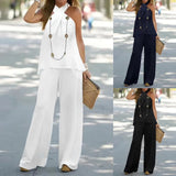 Purpdrank  Simple Cotton Linen Women's Suits Summer Fashion Sleeveless Halter Loose Blouse Wide Leg Pant Two Piece Set Womens Matching Sets