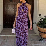 Purpdrank  Summer Sexy Halter Sleeveless Long Dress Women's Elegant Floral Print Boho Dress Fashion High Waist Hollow Out Party Dress