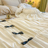 Purpdrank  100% Cotton Vintage French Pleated Lace Ruffles Bow Princess Bedding Set Duvet Cover Set Bed Skirt Bedspread Pillowcases