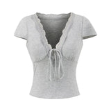 Purpdrank  Women's Summer Slimming T-Shirt Pure Lusty Sweet Sexy V Neck Short-Sleeved Top with Breast Pads New Style