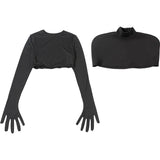 Purpdrank  Women's Black O Neck Long Sleeve Crop T-Shirt and Stand Collar Cover Top 2 Piece Set with Gloves Fall Fashion Outfits