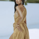 Purpdrank  Sexy Hollow Off Shoulder Solid Party Dress Women's Fashion Diagonal Neck Bikini Cover Up Dress New Beach Strap Split Long Dress