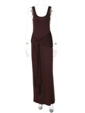 Purpdrank  Elegant U-Neck Sleeveless Bodycon Long Dress Women's Solid Color Ribbon Tie-up Ruched Slim Maxi Dress for Date Night Party