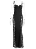 Purpdrank  Sexy Black Sheer Lace Panel Sling Maxi Dress Women's Sleeveless Hollow Out Slim Bodycon Party Gown Formal Prom Night Dress