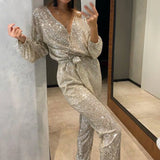 Purpdrank  Jumpsuit Women Sexy V Neck Sequins Long Sleeve Casual Belt Overalls Female High Waist Playsuit Elegant Ladies Party Club Romper