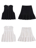 Purpdrank  Knit Jacquard Mesh Women Skirts Sets New Elegant Hollow Out O Neck Sleeveless Vest Casual Drawstring A-Line Mini Skirt