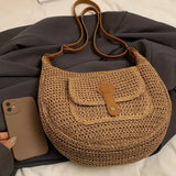 Purpdrank  Fashionable Rattan Handmade Shoulder Bag Solid Color Adjustable Shoulder Strap Crossbody Bag Versatile Women's Bag