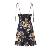 Purpdrank  Summer Holiday Navy Blue Floral Print Bow Lacing Up Strap Sling Dress Women Elastic Back Ruffles Hem Short Dresses Vestidos Robe