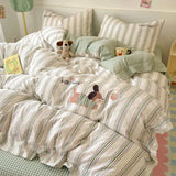 Purpdrank  Cute Cartoon Embroidery Stripe Bedding Set Washed Cotton Soft Four Piece Sets Pillowcase Duvet Cover Set 200x230cm Home Textiles