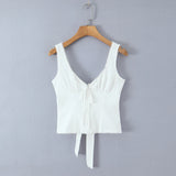 Purpdrank  Sexy White V neck Low Ruched Bra Chest Tank Tops Women Tie Bow Sashes Zipper Back Crop Tank Girl Tee