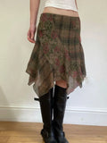 Purpdrank  Y2k Sexy Low Waist American Retro Print Plaid Patchwork Irregular Streetwear Fashion Skirts