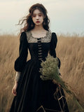 French Hepburn Velvet Black Midi Dress Women Elegant Lace Long Sleeve Dress Sexy Court Retro Evening Party Y2k Dress 2023 Winter